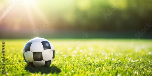 Soccer ball on fresh grass, with a background in soft focus.