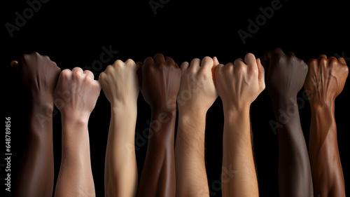 Various multiracial hands clasped in a fist, quity for All, Unity in Diversity. Generative AI photo