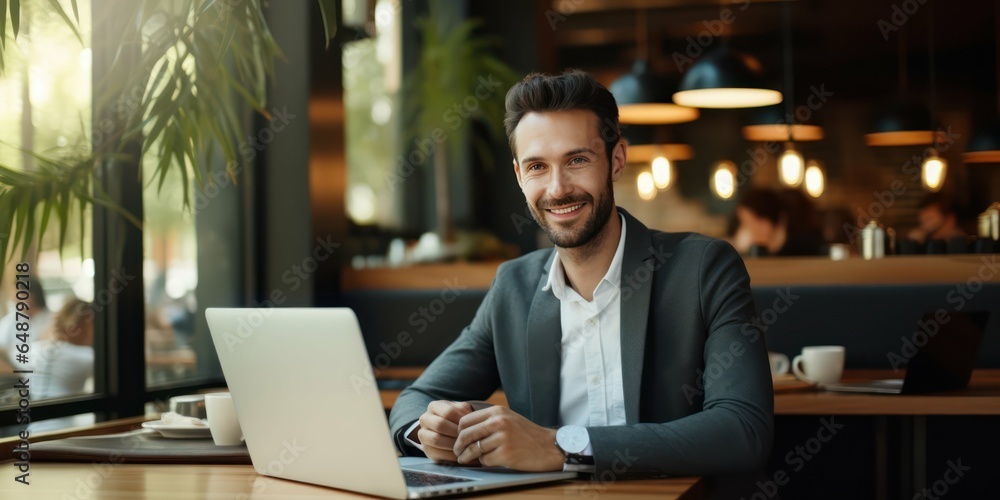 Working Businessman Using Laptop in a Cafe Working Businessman Using Laptop in a Cafe