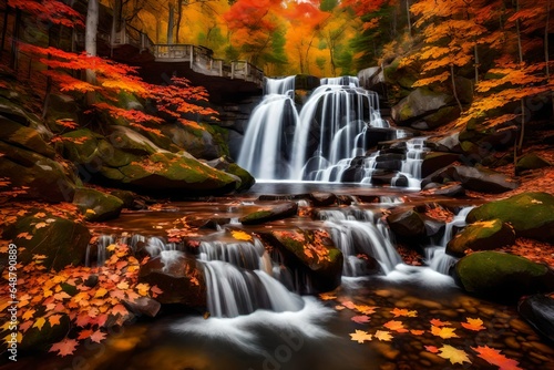 A majestic waterfall in autumn, surrounded by a breathtaking display of vibrant foliage