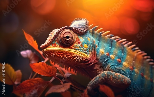 a chameleon close up highlighted against nature's gentle blur