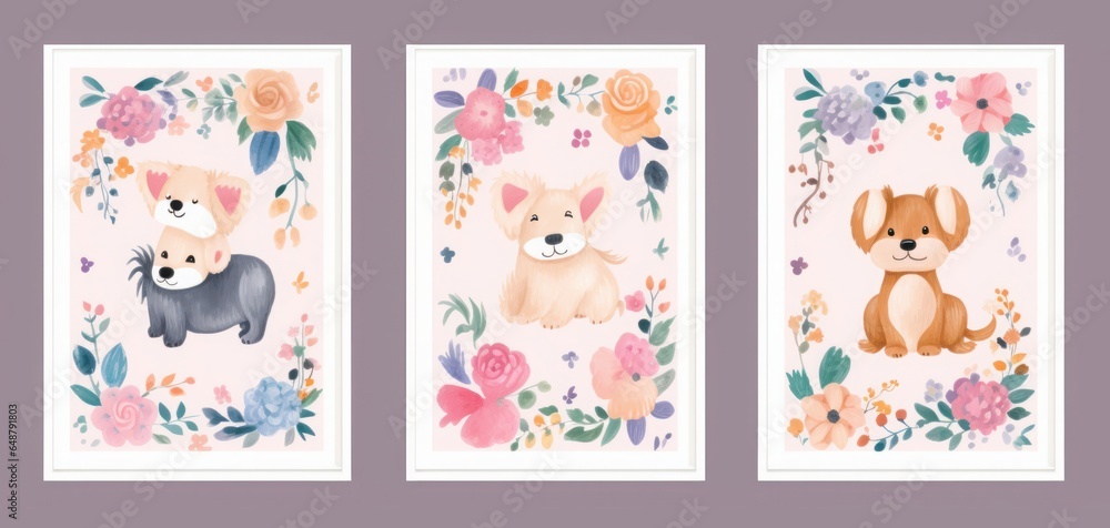 Beautiful flower collection of posters with dogs, flowers and leaves. Notebook covers. Baby posters and cards with dogs and flowers pattern. Nursery baby, Generative AI 