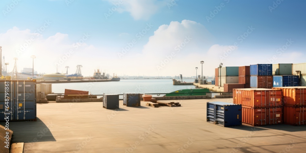Obraz premium Stacked Containers by Harbor, Logistic Depiction