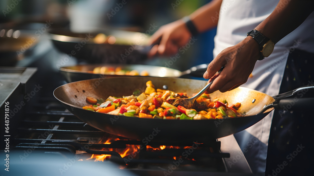 Close up of an asian indian man's hands holding a frying pan and making a stir fry