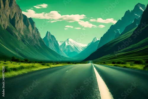 A stretch of empty road winds its way through the landscape, leading toward the majestic backdrop of towering mountains