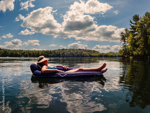 Woman in swimsuit floating on inflatable chair on lake in summer.