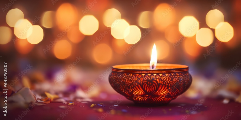 Diwali candle in a blurry background adds an aura of mystique and celebration.