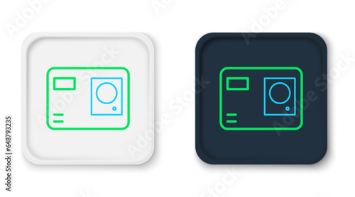 Line Action extreme camera icon isolated on white background. Video camera equipment for filming extreme sports. Colorful outline concept. Vector