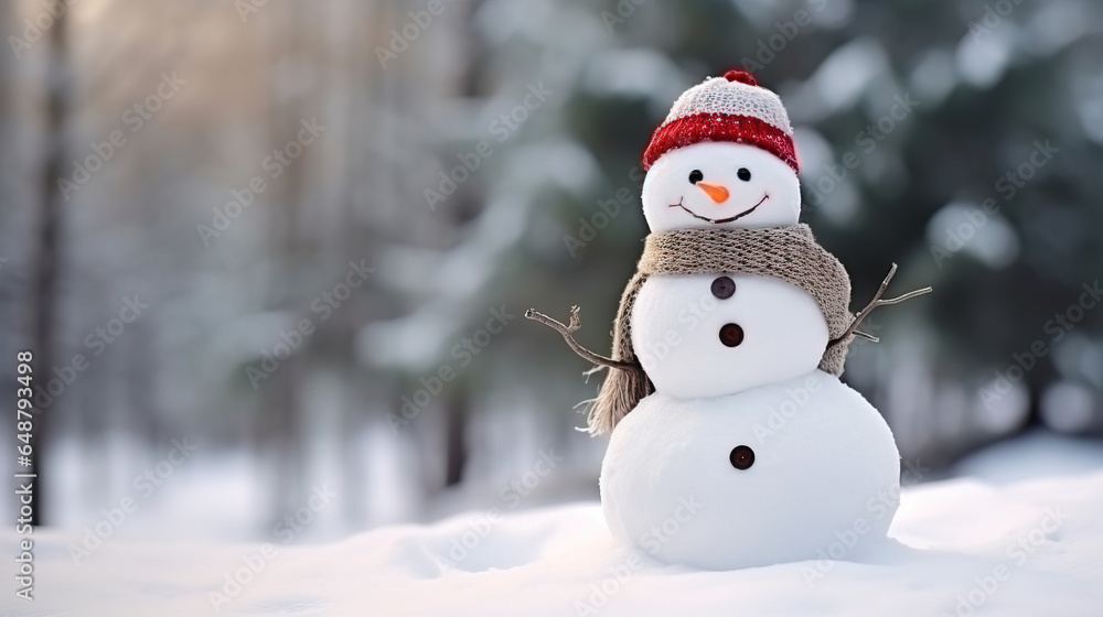 Christmas decoration with a cute cheerful snowman in the snow in the winter forest