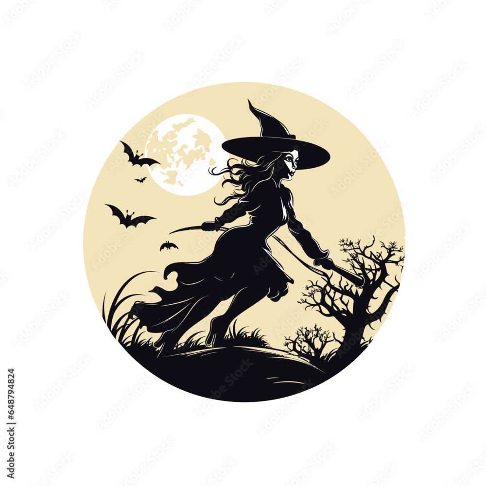 Silhouette of a young flying witch on the broom. Vector illustration design.