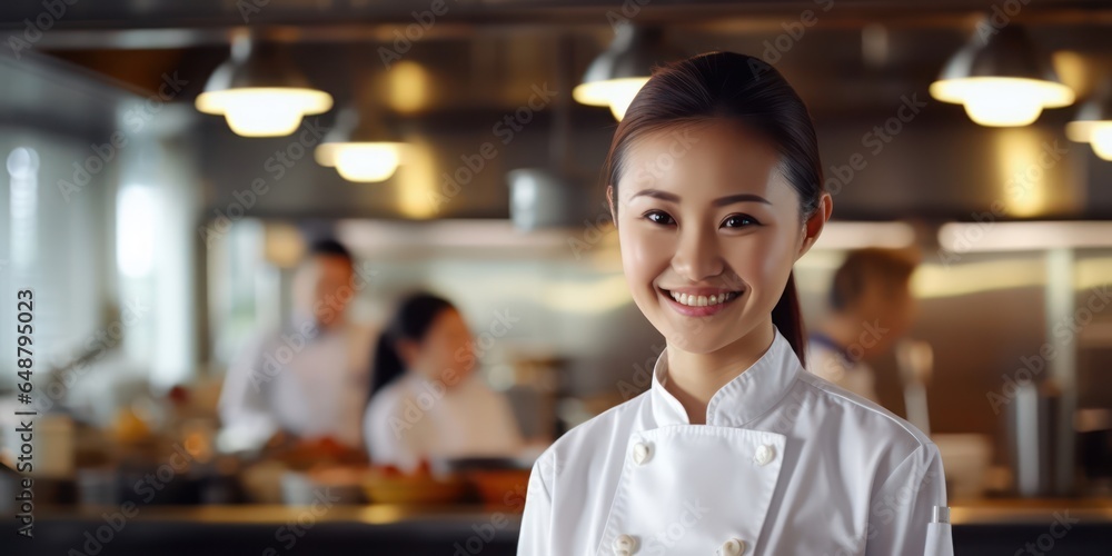 Capturing a moment of culinary pride in the smile of an Asian female chef Capturing a moment of culinary pride in the smile of an Asian female chef