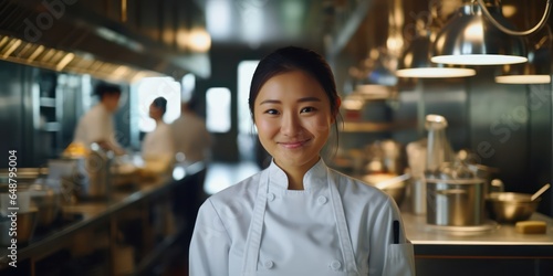 A radiant Asian female chef's smile conveys his enthusiasm