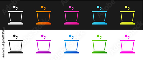 Set Stage stand or debate podium rostrum icon isolated on black and white background. Conference speech tribune. Vector