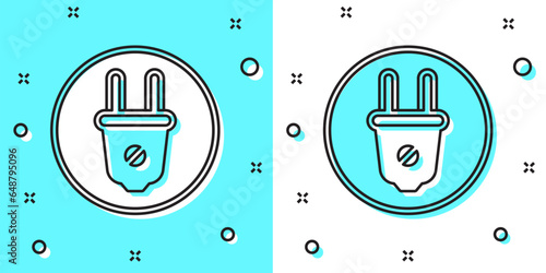 Black line Electric plug icon isolated on green and white background. Concept of connection and disconnection of the electricity. Random dynamic shapes. Vector