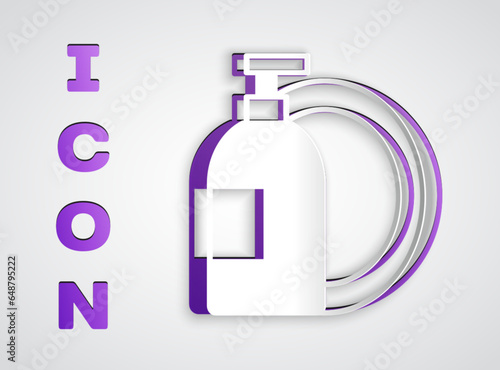 Paper cut Dishwashing liquid bottle and plate icon isolated on grey background. Liquid detergent for washing dishes. Paper art style. Vector