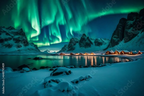 Aurora Borealis, Lofoten islands, Norway. Nothen light, mountains and frozen ocean. Winter landscape at the night time. Norway travel - image photo