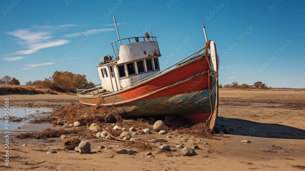 An abandoned boat resting on the arid land. An abandoned boat resting on the arid land.