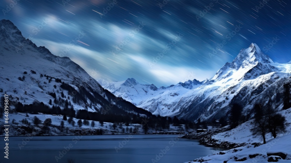 Under the starry night sky, the enchanting Aurora Borealis dances above the sea, casting its ethereal glow over the snow-clad mountains and the twinkling city lights. 