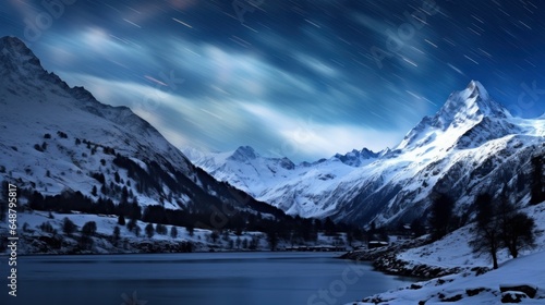 Under the starry night sky, the enchanting Aurora Borealis dances above the sea, casting its ethereal glow over the snow-clad mountains and the twinkling city lights. 