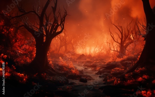 A visual narrative of a jungle facing fire disaster, engulfed in flames