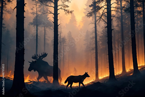 Silhouette Wildlife Confronts Fiery Forest, Striking Stock Image, AI Generated