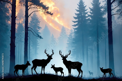 Nature Drama, Superimposed Wild Animals in Forest Fire, AI Generated © GOLVR