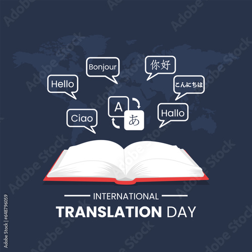 Vector graphic of open book shows words in each language suitable for international translation day