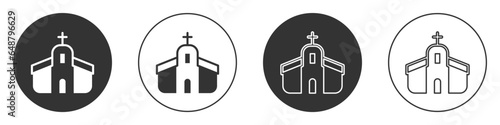Black Church building icon isolated on white background. Christian Church. Religion of church. Circle button. Vector