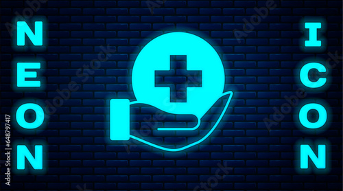 Glowing neon Life insurance icon isolated on brick wall background. Security, safety, protection, protect concept. Vector