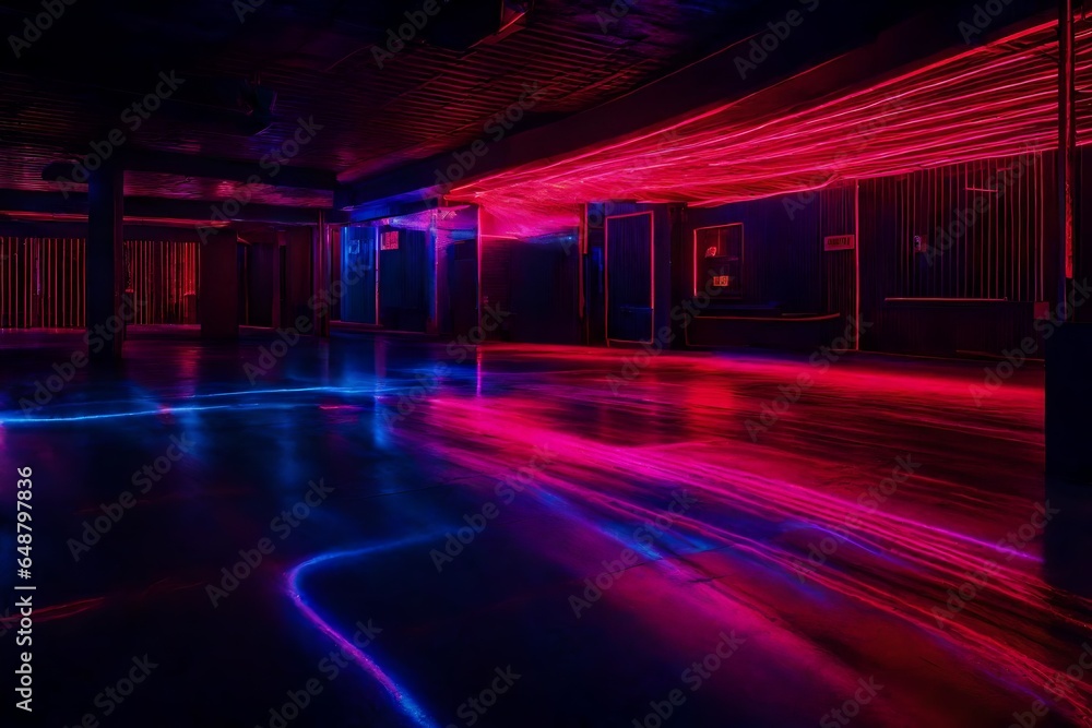 spotlight on stage with spotlight, dark and deserted night scene, where the wet asphalt reflects the radiant glow of red and blue neon lights