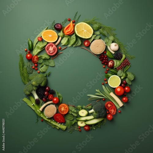 A wreath made of fruits and vegetables on a green background. AI image. Healthy banalced food. © Friedbert