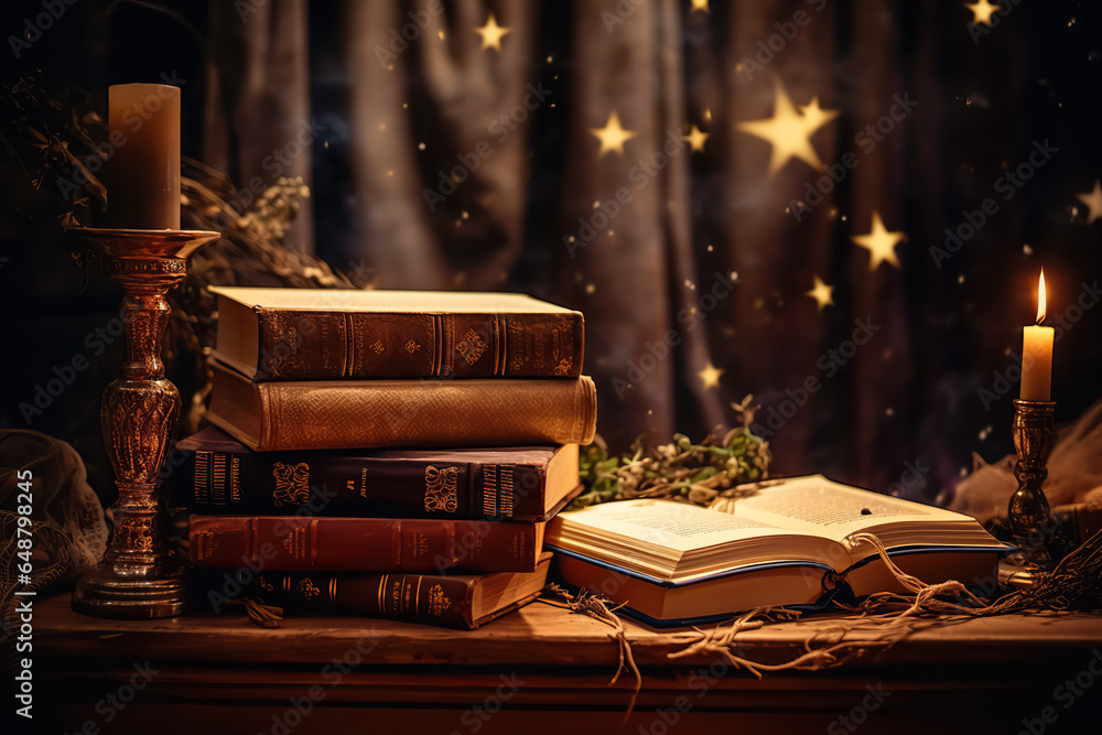 Antique books on old wooden table, with lights and candles around, magic and fantasy atmosphere - obrazy, fototapety, plakaty 