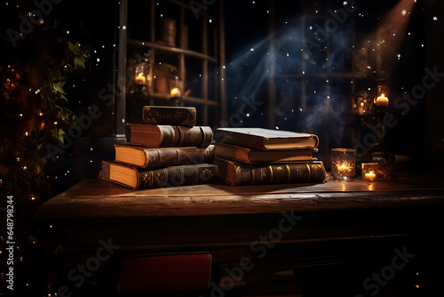 Wallpaper Mural Ornamented antique books on old wooden table, with lights and candles around, magic and fantasy atmosphere Torontodigital.ca