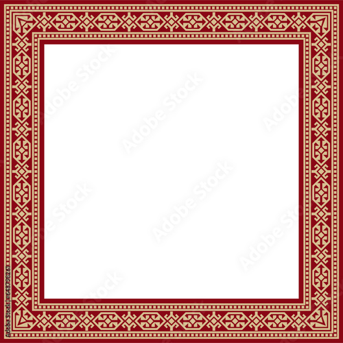 Vector red with gold Square Kazakh national ornament. Ethnic pattern of the peoples of the Great Steppe, .Mongols, Kyrgyz, Kalmyks, Buryats. Square frame border.