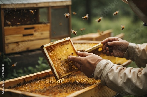 фотографія Beekeeping, hands collecting honey.