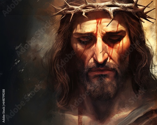 Portrait Jesus Christ crown  of thorns banner original abstract art with space for copy text, easter and good friday,  Generative AI 