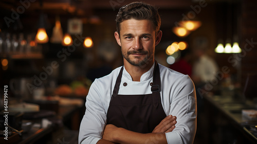 Confident chef standing arms crossed in kitchen
