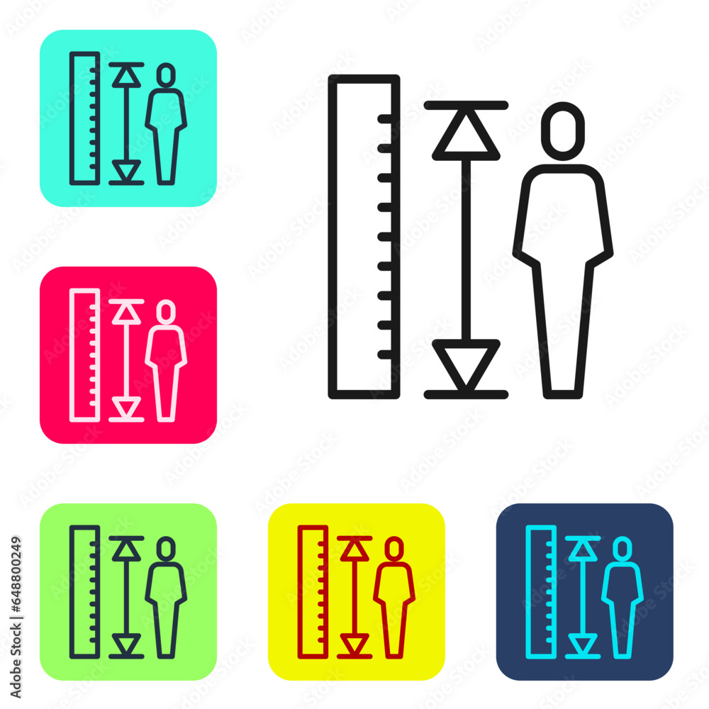 Black line Measuring height body icon isolated on white background. Set icons in color square buttons. Vector Black line Measuring height body icon isolated on white background. Set icons in color square buttons. Vector