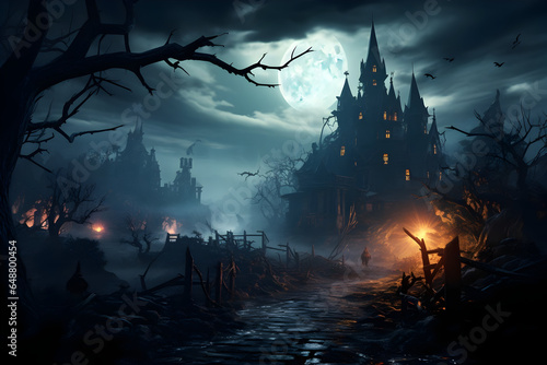A spooky haunted house surrounded by a misty forest on a moonlit Halloween night