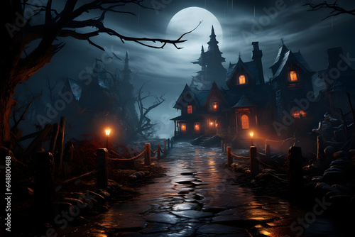 A spooky haunted house surrounded by a misty forest on a moonlit Halloween night