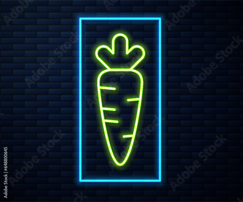 Glowing neon line Carrot icon isolated on brick wall background. Vector