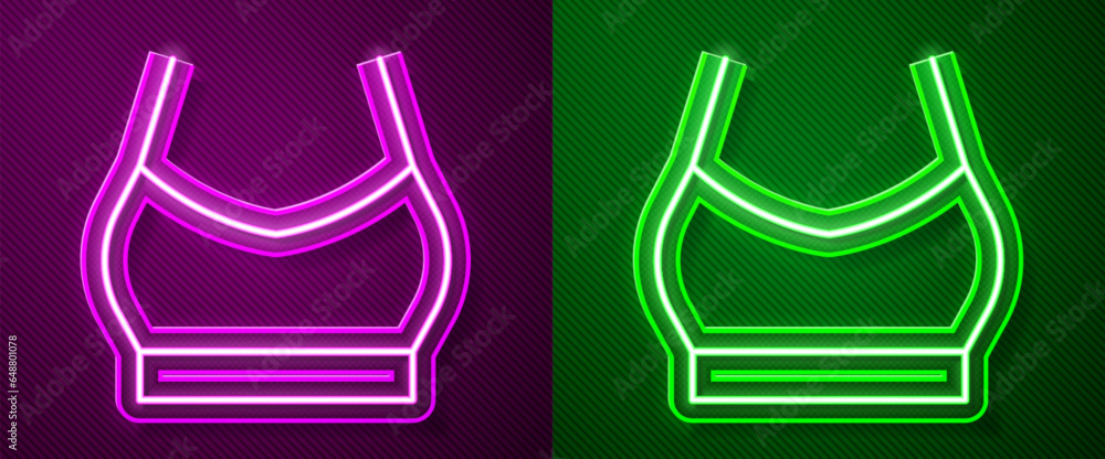 Glowing neon line Female crop top icon isolated on purple and green background. Undershirt. Vector