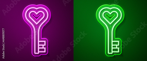 Glowing neon line Key in heart shape icon isolated on purple and green background. Happy Valentines day. Vector