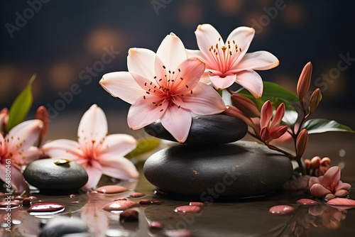 Lily and Spa Stones Adorn this Tranquil Scene. A Stack of Spa Massage Stones Nestled Amidst Pink Flowers, Set Against a Blissful Defocused Wellness Background with Ample Copy Space
