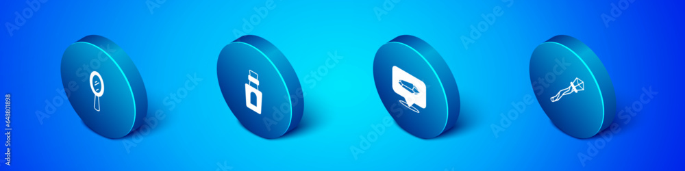 Set Isometric Magic hand mirror, stone, staff and Bottle with potion icon. Vector Set Isometric Magic hand mirror, stone, staff and Bottle with potion icon. Vector
