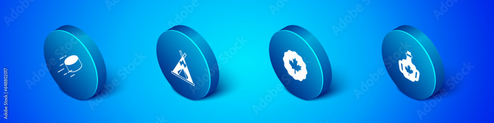 Set Isometric Hockey puck, Canadian maple leaf, Bottle of syrup and Indian teepee or wigwam icon. Vector