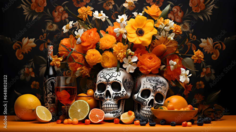 Photo Day of the Dead Background sugar Skull Flower Ornament 