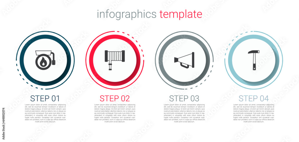 Set Ringing alarm bell, Fire hose reel, Megaphone and Firefighter axe. Business infographic template. Vector