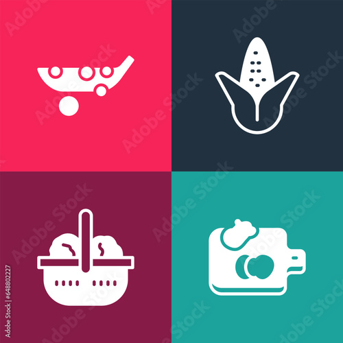 Set pop art Cutting board with vegetables, Basket and food, Corn and Peas icon. Vector