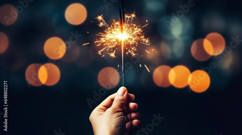 copy space, Hand holding burning Sparkler blast on a black bokeh background at night, holiday celebration event party. Background, postcard, invitation for New year or celebration.